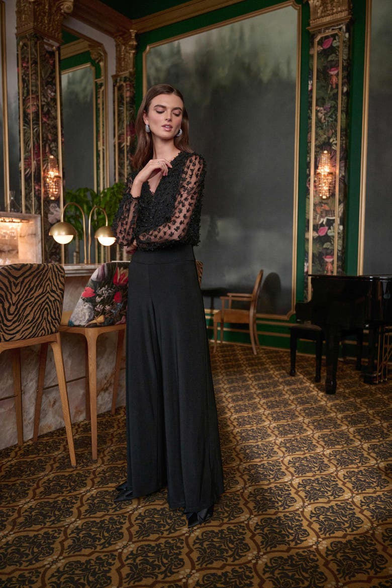Silky Knit and Sheer Novelty Wide Leg Jumpsuit, Alternate, color, Black