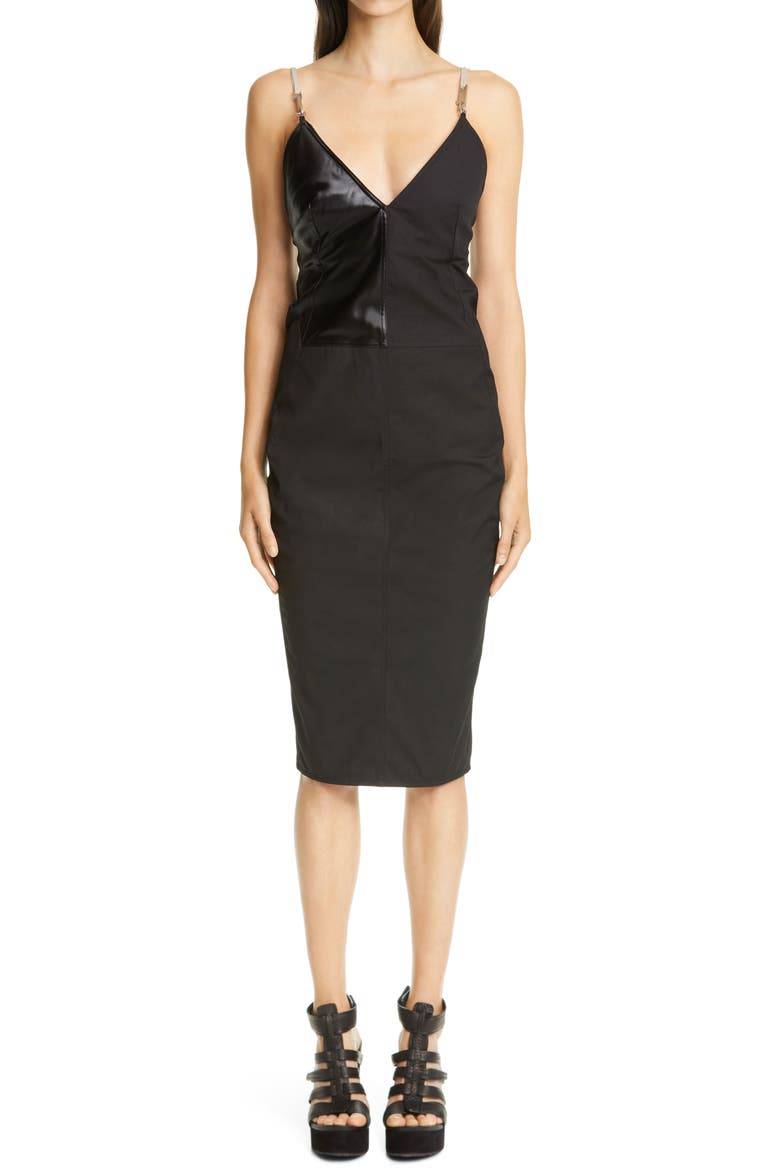 Hook Strap Satin Panel Dress, Main, color, BLACK