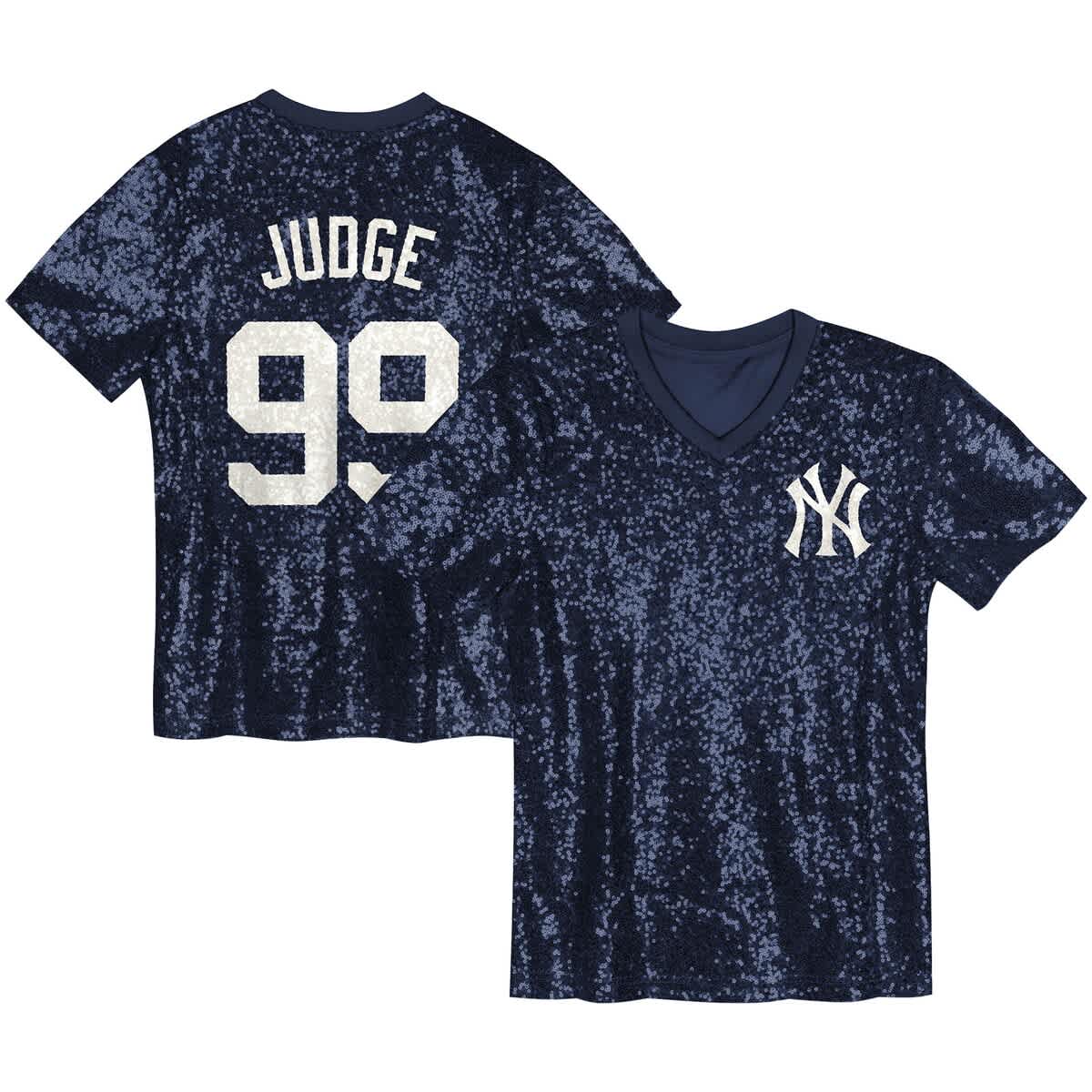 Outerstuff Juniors Aaron Judge Navy New York Yankees Name & Number Sequin V-neck Top In Blue