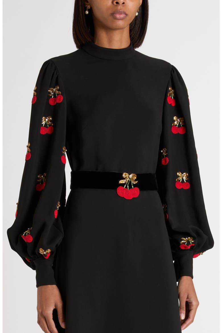 Cherryfic Beaded Long Sleeve Silk Gown, Alternate, color, BLACK/ CHERRY