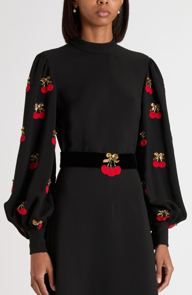 Valentino Garavani Cherryfic Beaded Long Sleeve Silk Gown, Alternate, color, Black/ Cherry