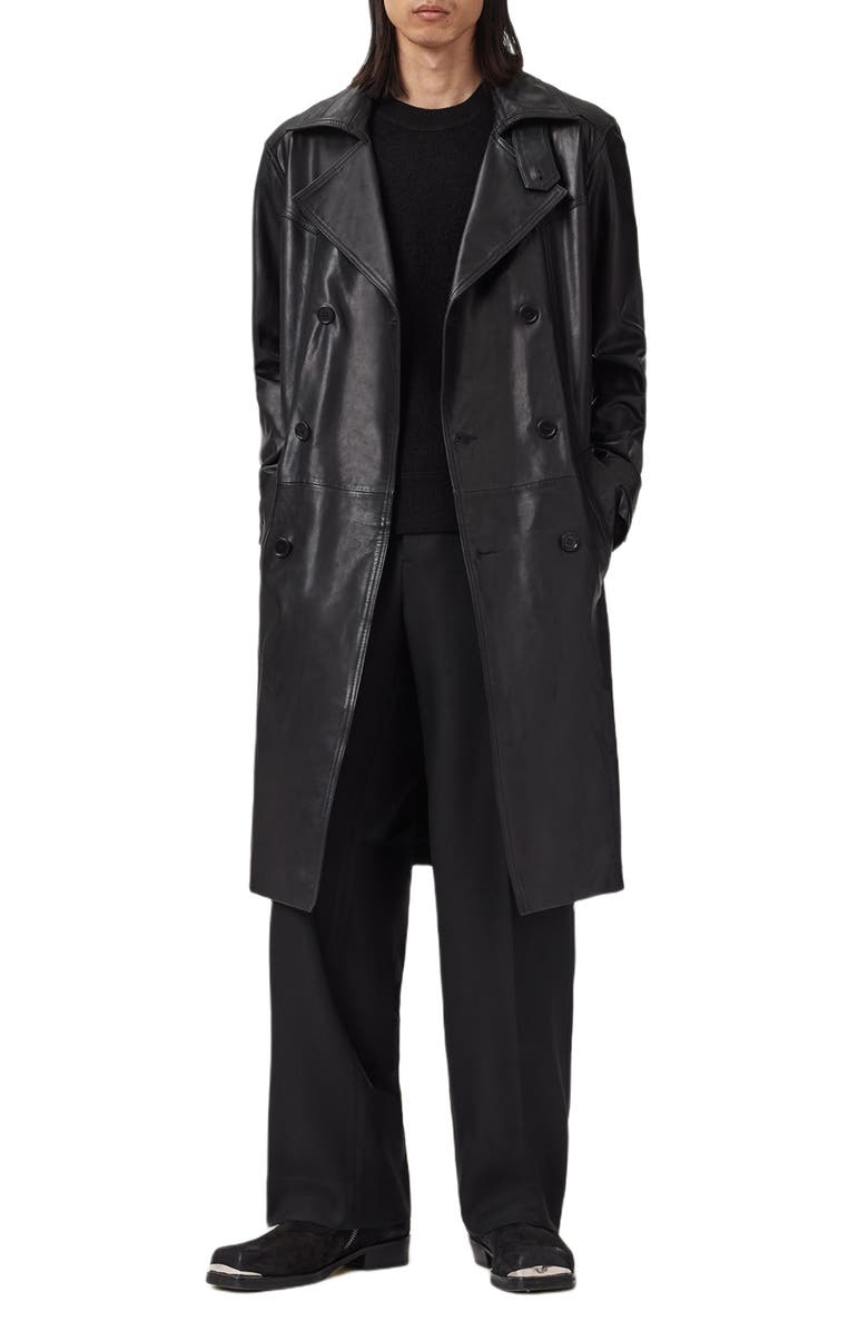 AllSaints Kellett Leather Trench Coat, Alternate, color, Black