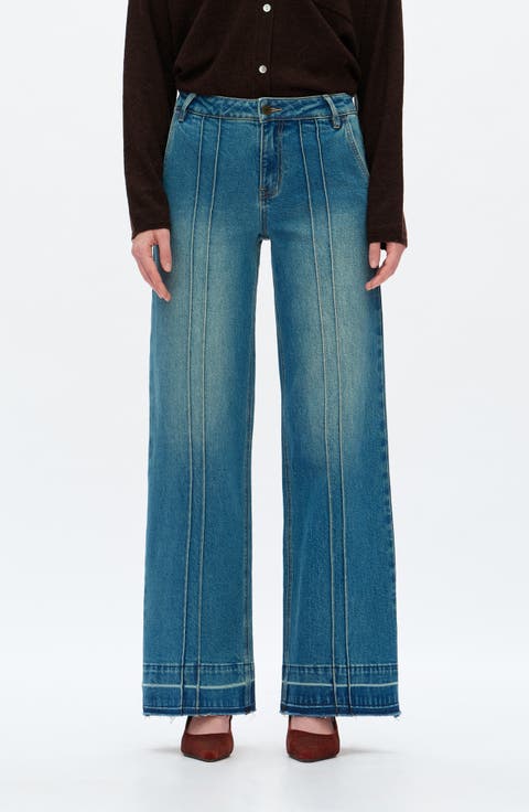 Jermy Seamed High Waist Raw Hem Wide Leg Jeans