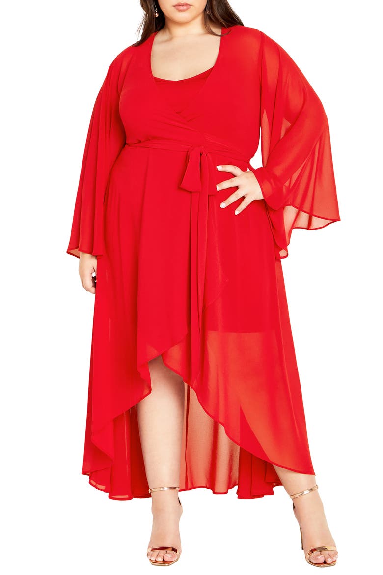 Fleetwood Long Sleeve Chiffon Wrap Dress, Main, color, RED