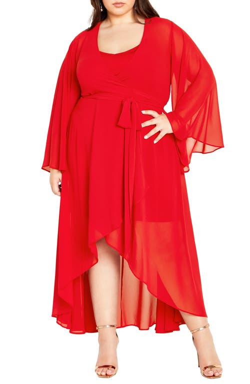City Chic Fleetwood Long Sleeve Chiffon Wrap Dress In Red