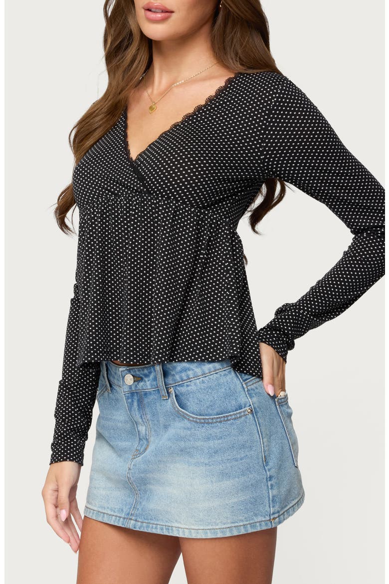 Kenzie Polka Dot Lace Trim Babydoll Top, Main, color, BLACK-AND-WHITE