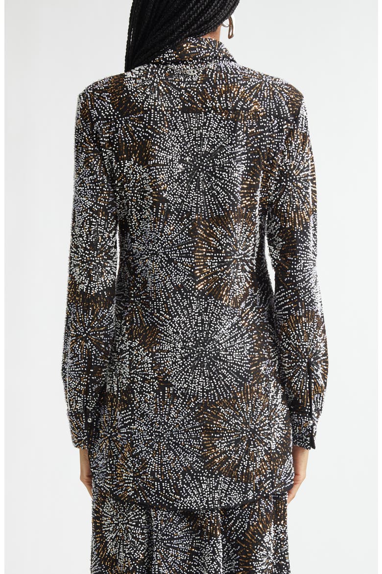 Firework Embellished Crepe Button-Up Shirt, Alternate, color, BLACK