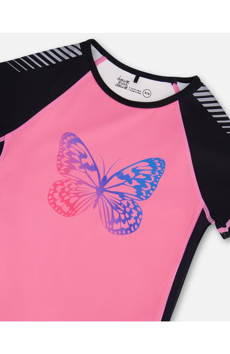 Deux par Deux Girl's Printed Short Sleeve Athletic Top Pink With Butterflies, Alternate, color, Pink And Butterflies Printed