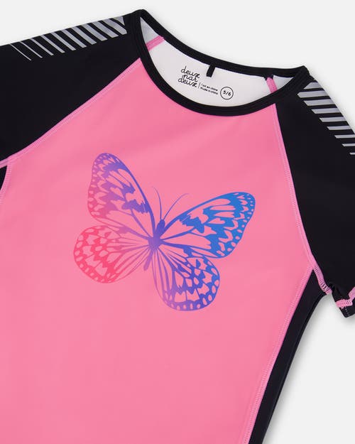 Deux Par Deux Little Girl's Printed Short Sleeve Athletic Top Pink With Butterflies In Pink And Butterflies Printed