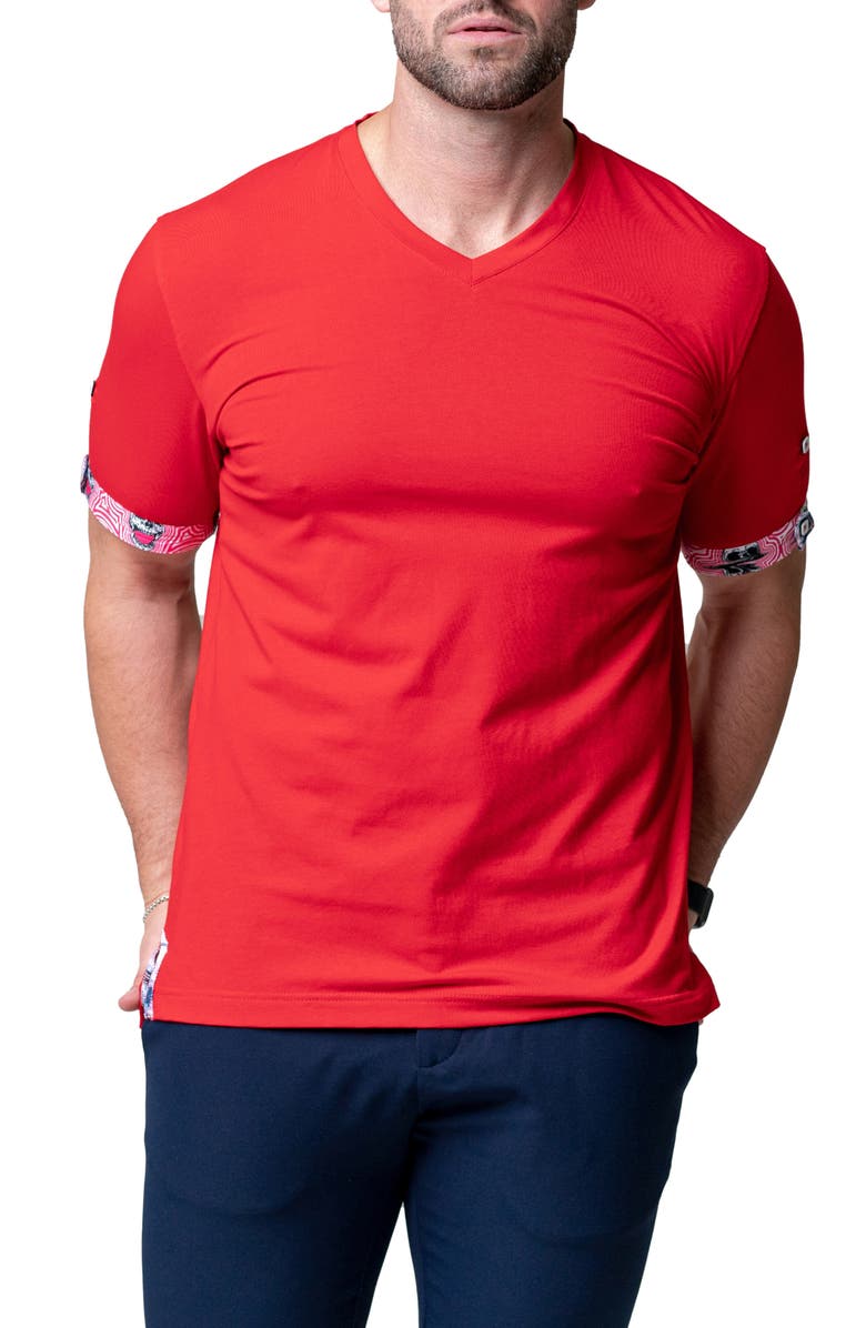 Maceoo Vivaldi Solid Ripple Red V-Neck Cotton T-Shirt, Alternate, color, Red