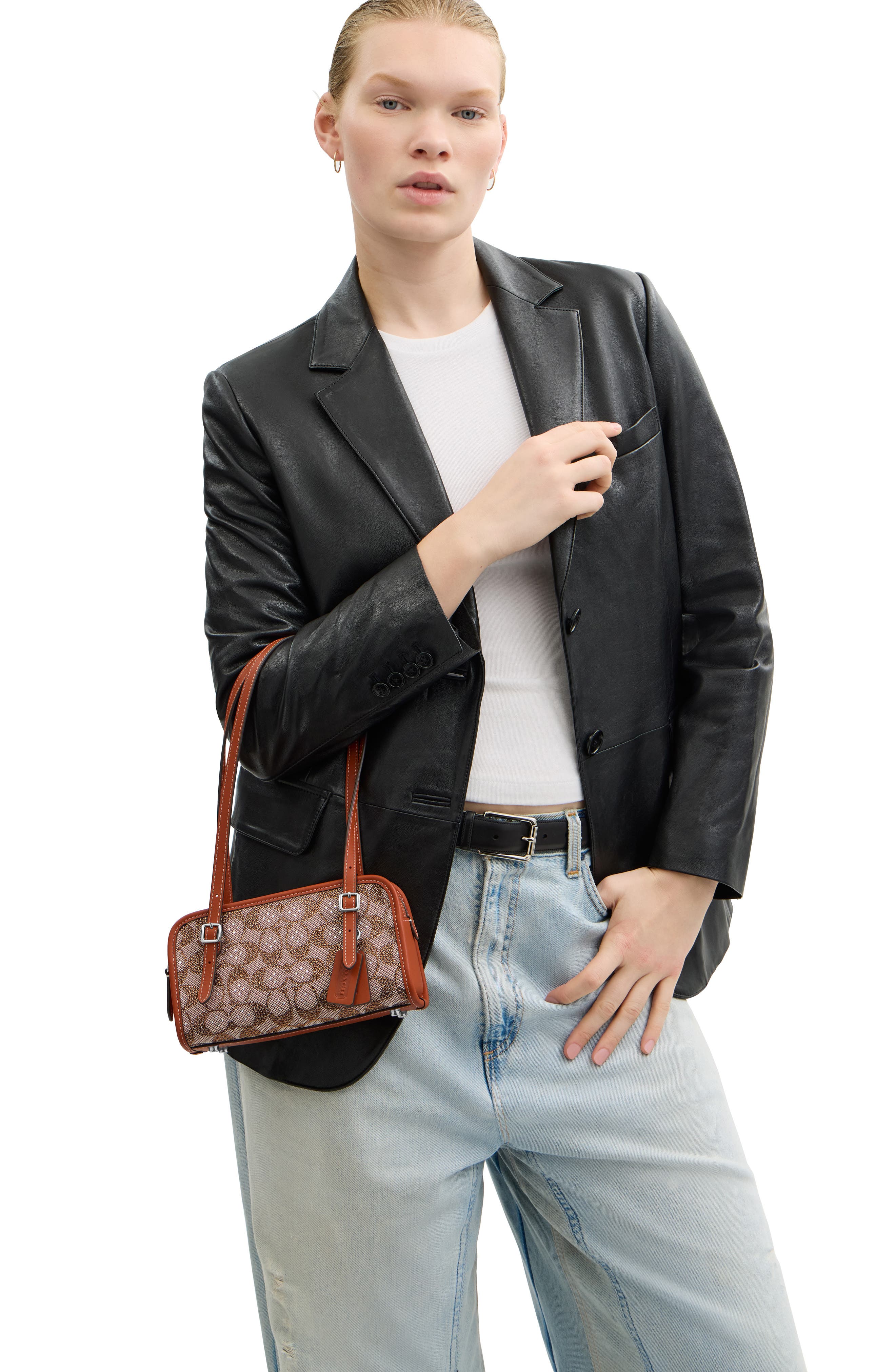 COACH Crystal Swing Zip 20 Signature Jacquard & Leather Satchel, Alternate, color, Burnished Amber