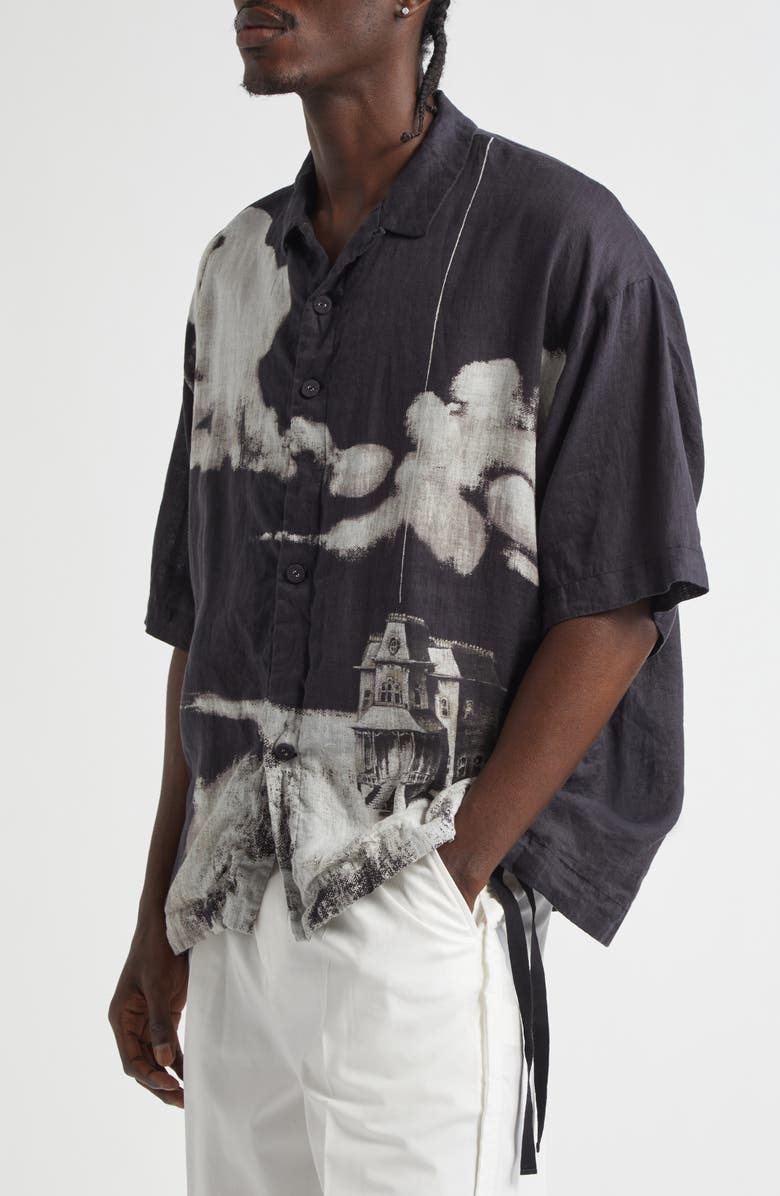 Undercover Oversize Short Sleeve Linen Button-Up Shirt, Alternate, color, Black Base