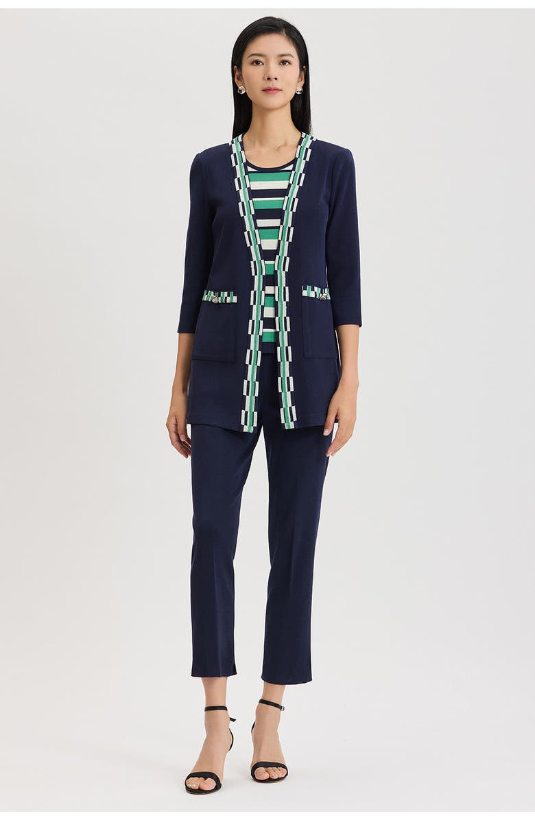 Ming Wang Heritage Checkered Trim Soft Knit Jacket, Alternate, color, Indigo/Kelly Green/Ivory