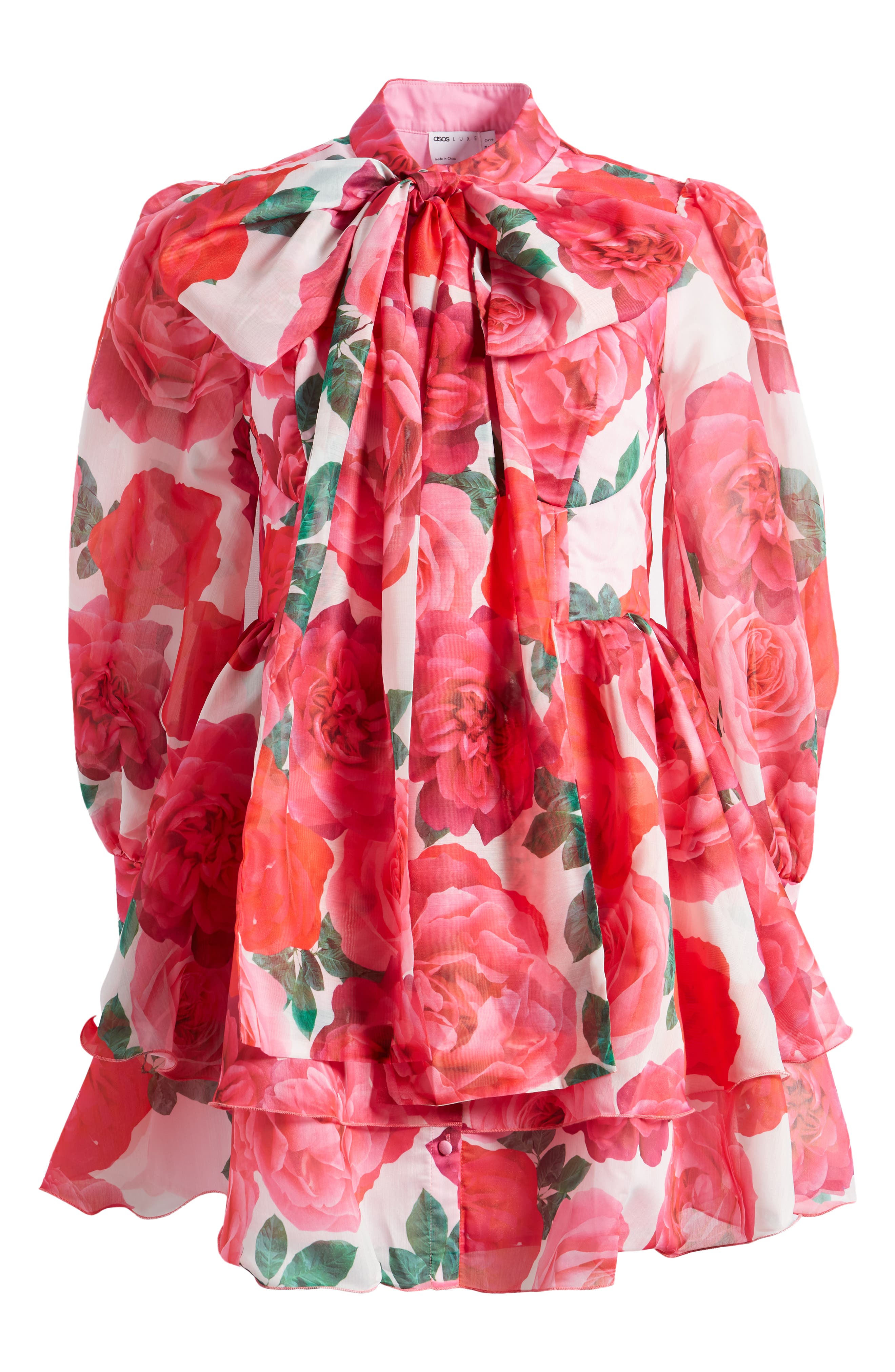 ASOS DESIGN Rose Print Tie Neck Long Sleeve Swing Dress (Women ...