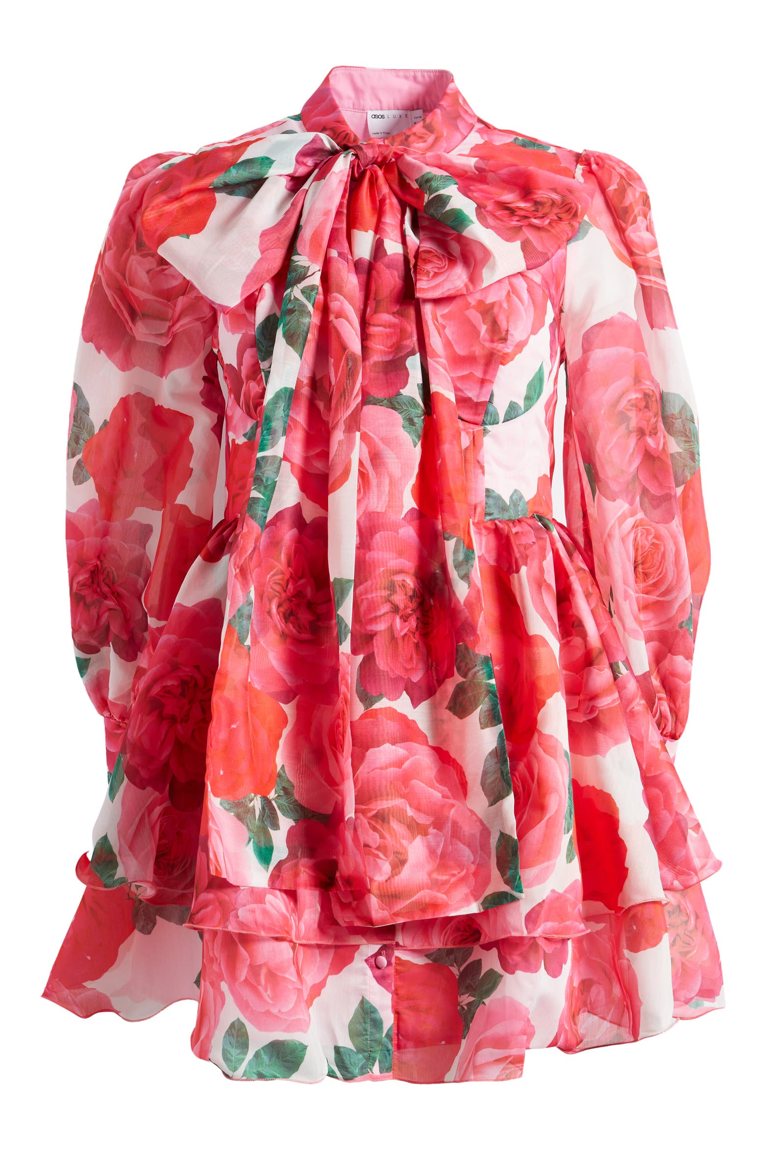 50 Long Roses ASOS DESIGN Rose Print Tie Neck Long Sleeve Swing Dress (Women ...