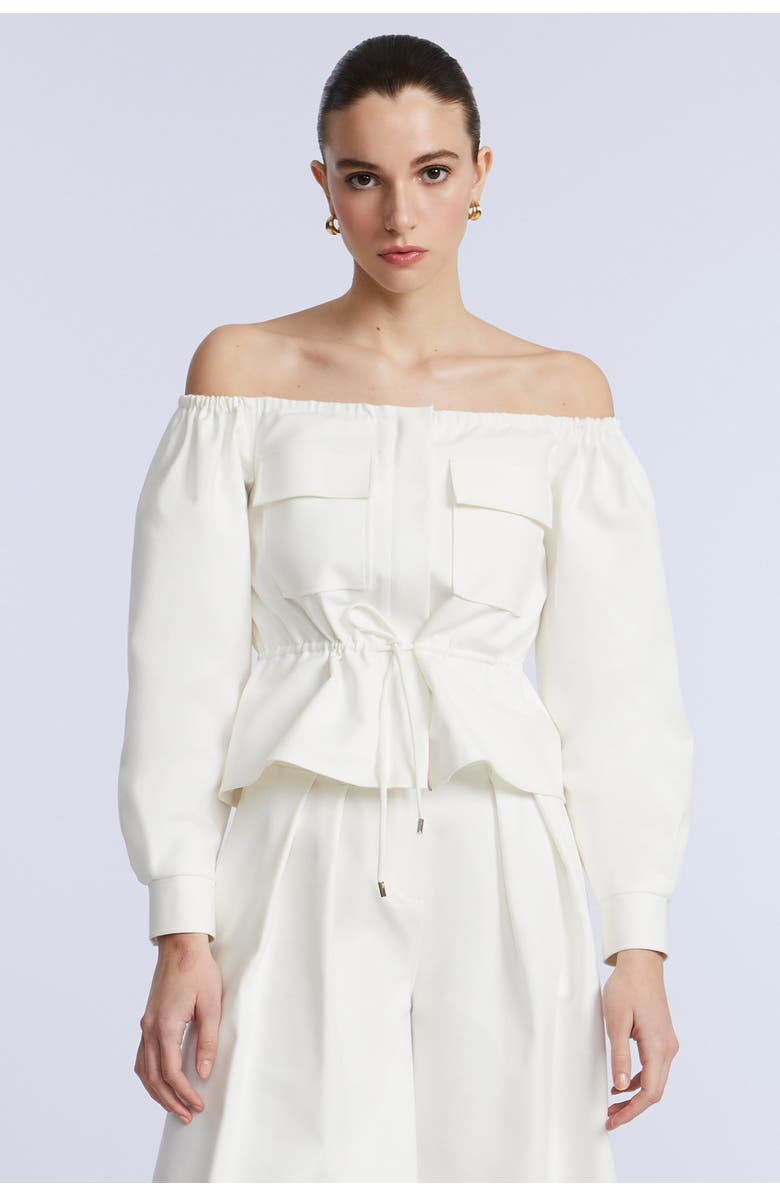 BCBGMAXAZRIA Off shoulder drawstring top, Alternate, color, Jasmine