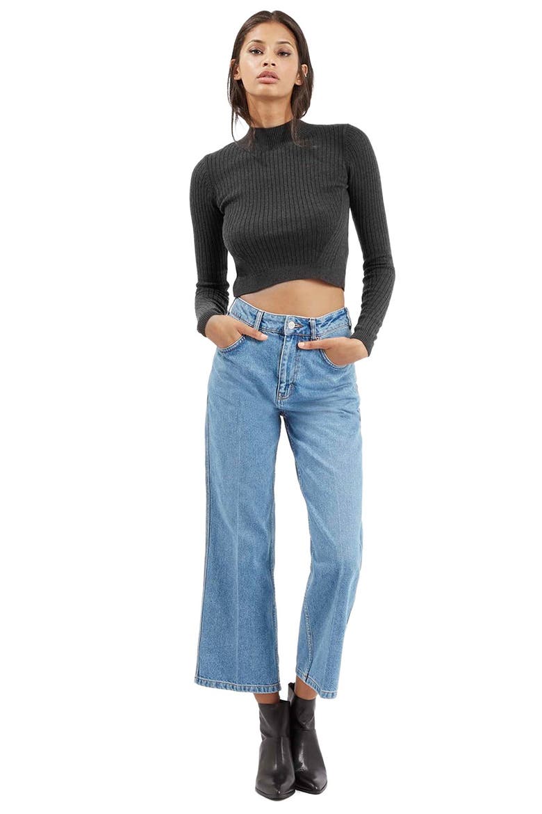 Ribbed Long Sleeve Crop Top, Alternate, color, CHARCOAL