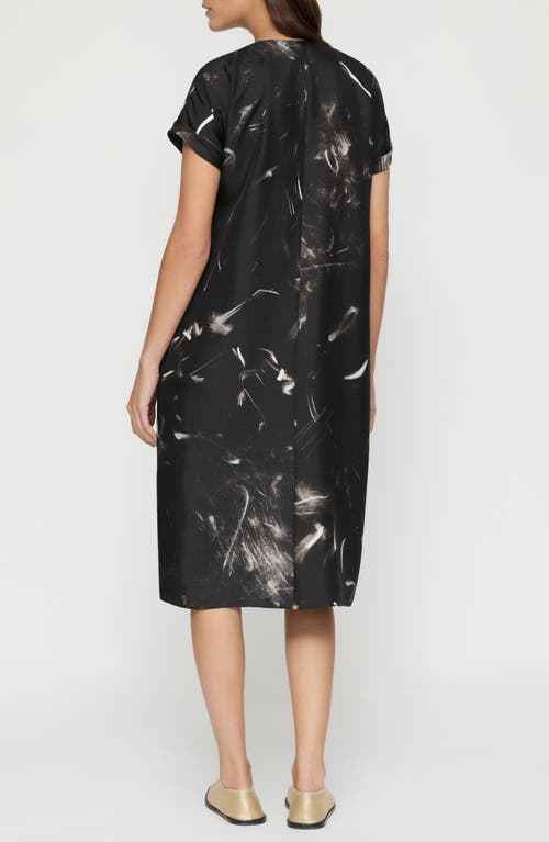 Lafayette 148 New York Charcoal Print Short Sleeve Silk Twill Dress In Black Multi