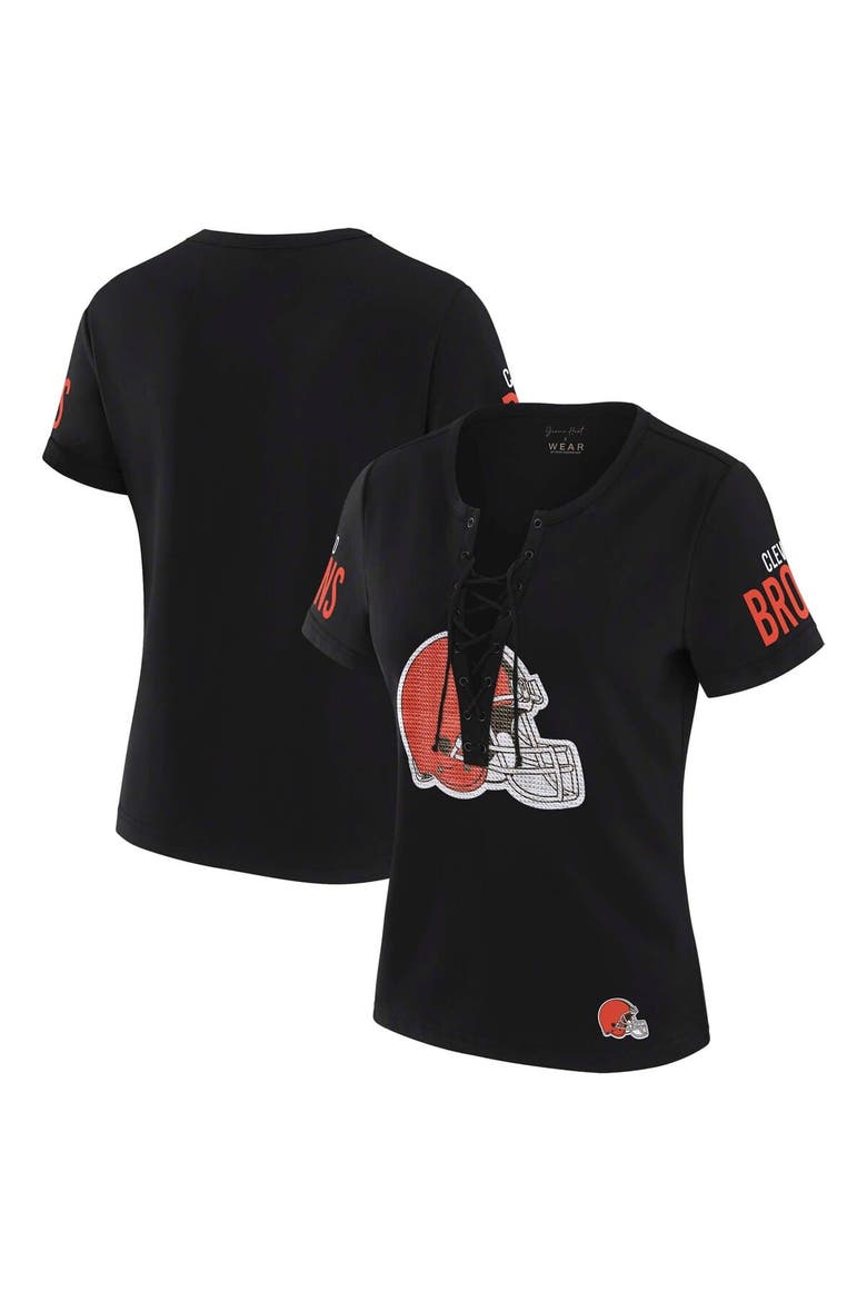 Women's WEAR by Erin Andrews x Gracie Hunt Black Cleveland Browns Draft Me Lace-Up T-Shirt, Alternate, color, Black