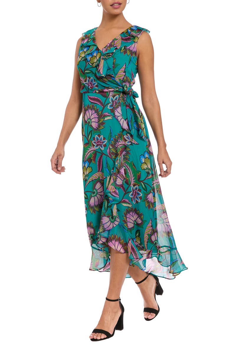 Floral Ruffle Sleeveless Faux Wrap Dress, Alternate, color, TEAL/ BERRY