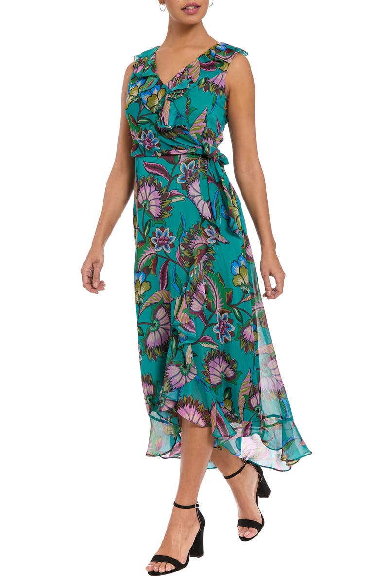 London Times Floral Ruffle Sleeveless Faux Wrap Dress, Alternate, color, Teal/ Berry