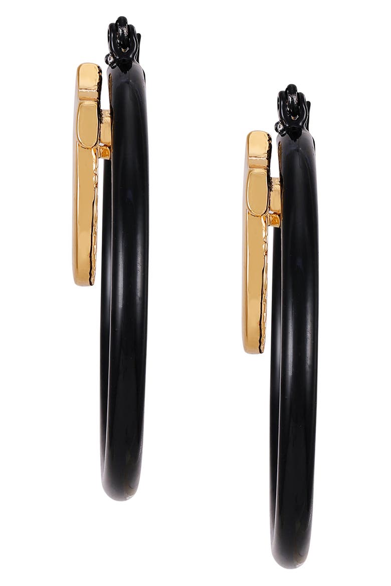Two-Tone Enamel Horseshoe Hoop Earrings, Alternate, color, GOLDTONE/ JET