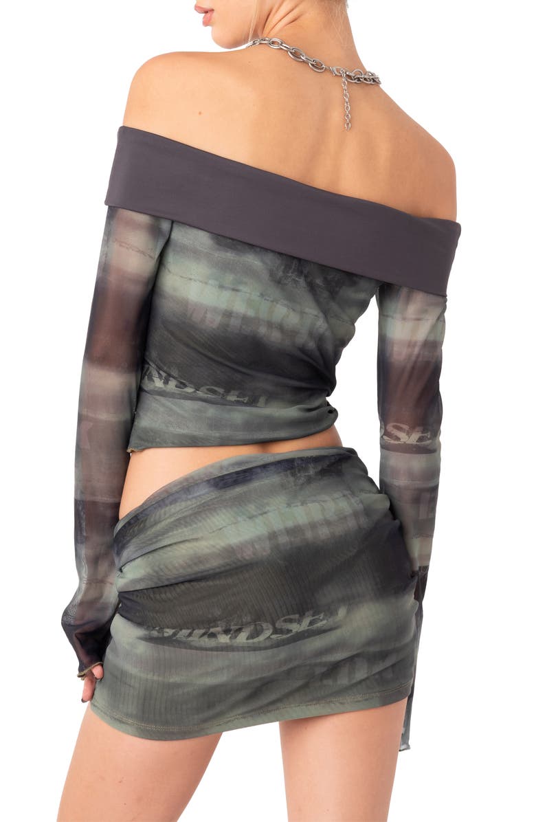 EDIKTED Terah Foldover Off the Shoulder Mesh Crop Top, Alternate, color, 