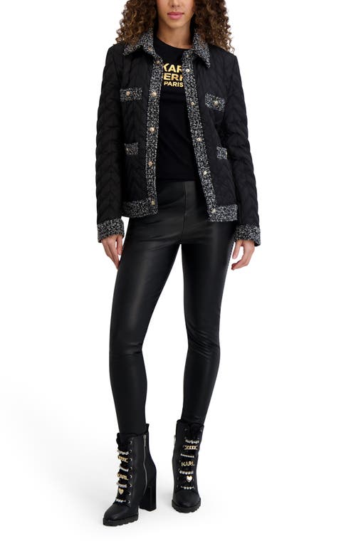 Karl Lagerfeld Tweed Trim Quilted Puffer Jacket In Black