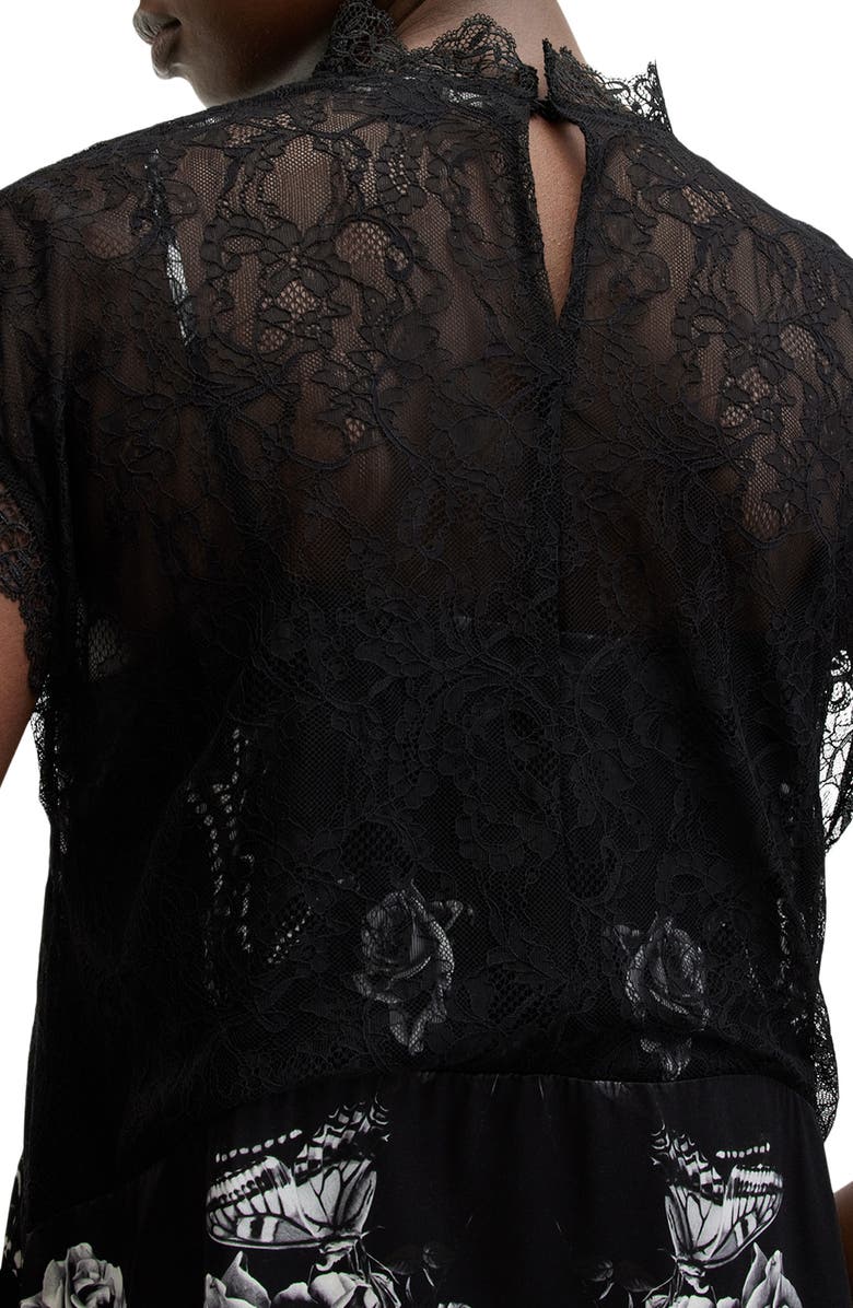 AllSaints Gian Floral & Lace Handkerchief Hem Dress, Alternate, color, Monica Black
