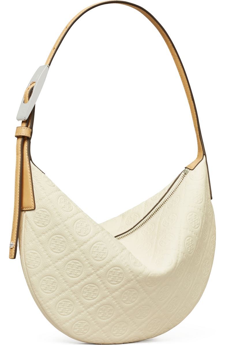 Tory Burch T-Monogram Jacquard Crescent Shoulder Bag, Alternate, color, Warm White