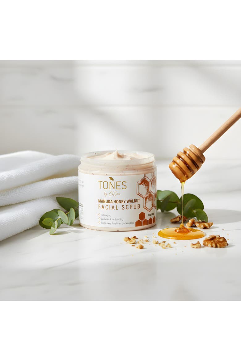 Manuka Honey Exfoliating and Skin Brightening Formula Scrub 180ml, Alternate, color, with orange and black words