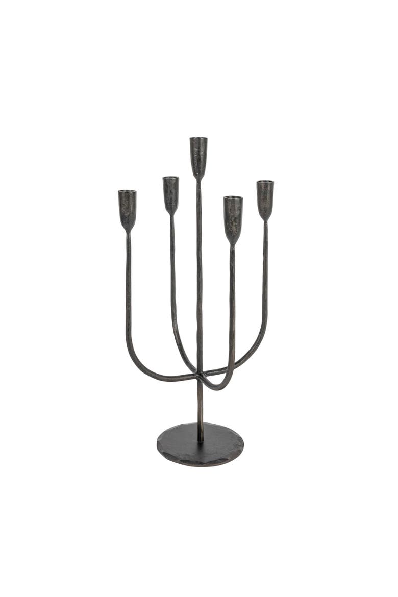 Round Hand-Forged 5 Taper Metal Candelabra, Black, Main, color, Black