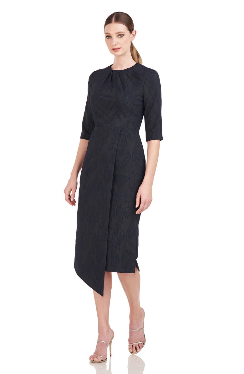Kay Unger Gloria Asymmetric Floral Jacquard Drape Detail Cocktail Midi Dress, Alternate, color,