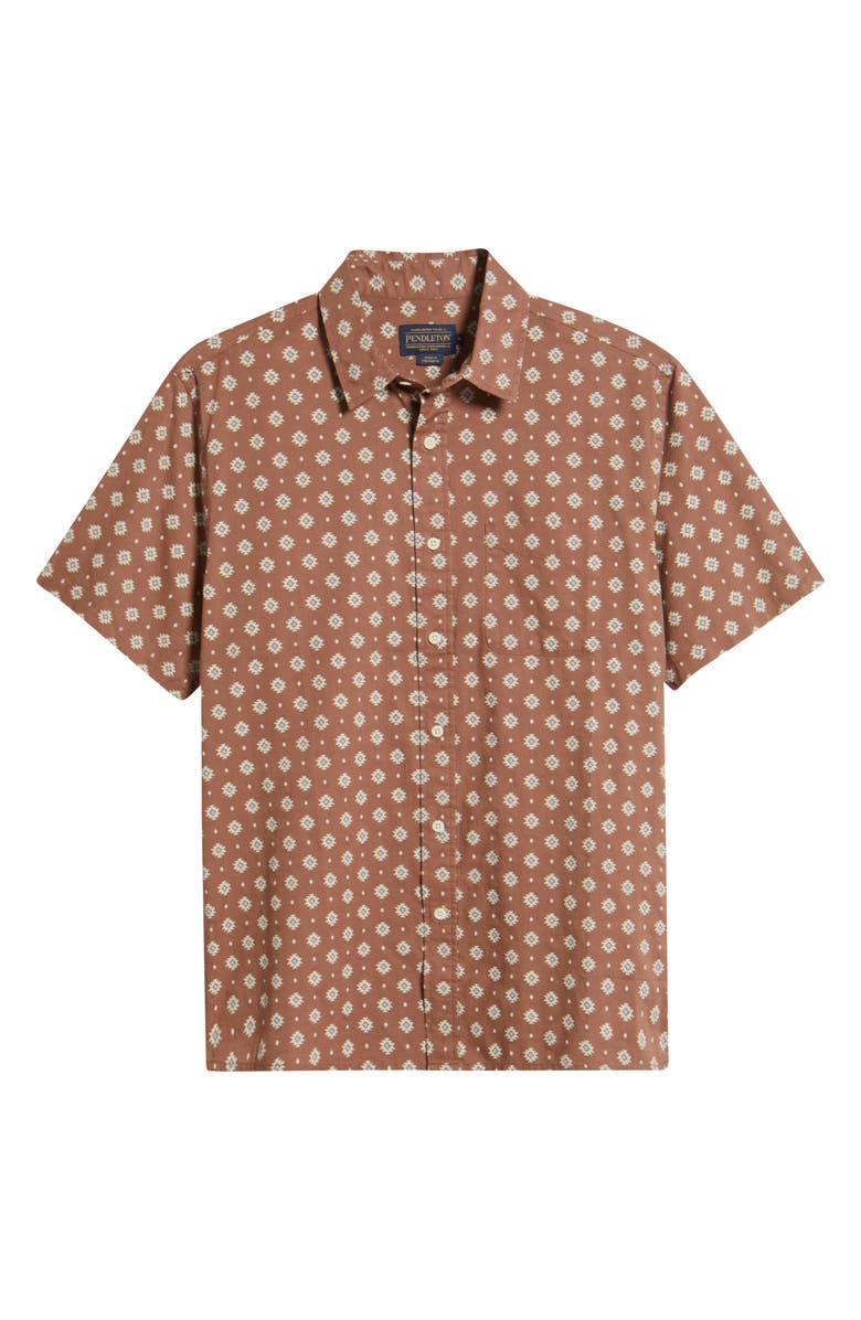 Pendleton Shoreline National Park Print Short Sleeve Cotton Button-Up Shirt, Alternate, color, Geo Red Brown