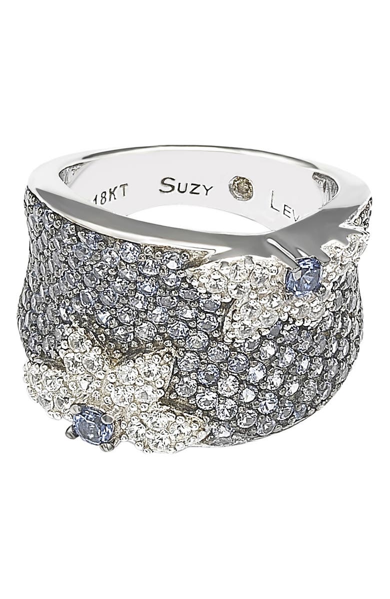 SUZY LEVIAN 18K Gold & Sterling Silver Pavé Blue & Created White Sapphire Diamond Accent Floral Band Ring - 0.02 ctw, Alternate, color, Blue