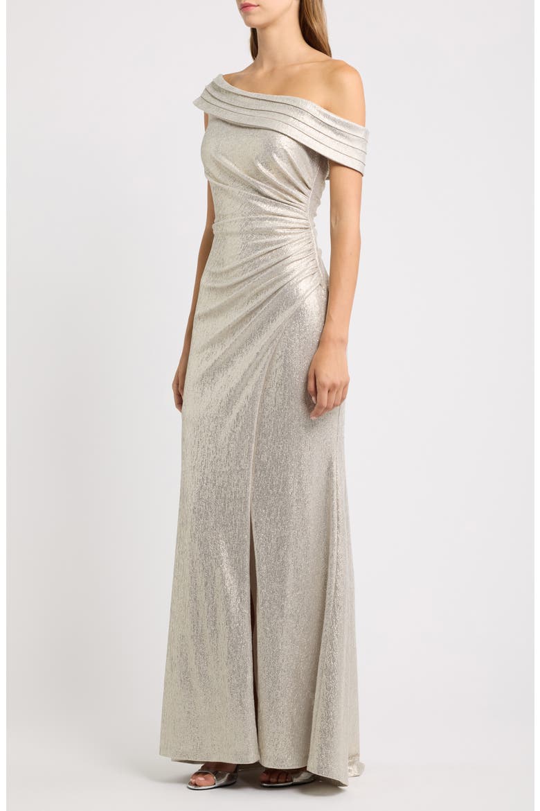 One-Shoulder Ruched Metallic Gown, Alternate, color, GOLD