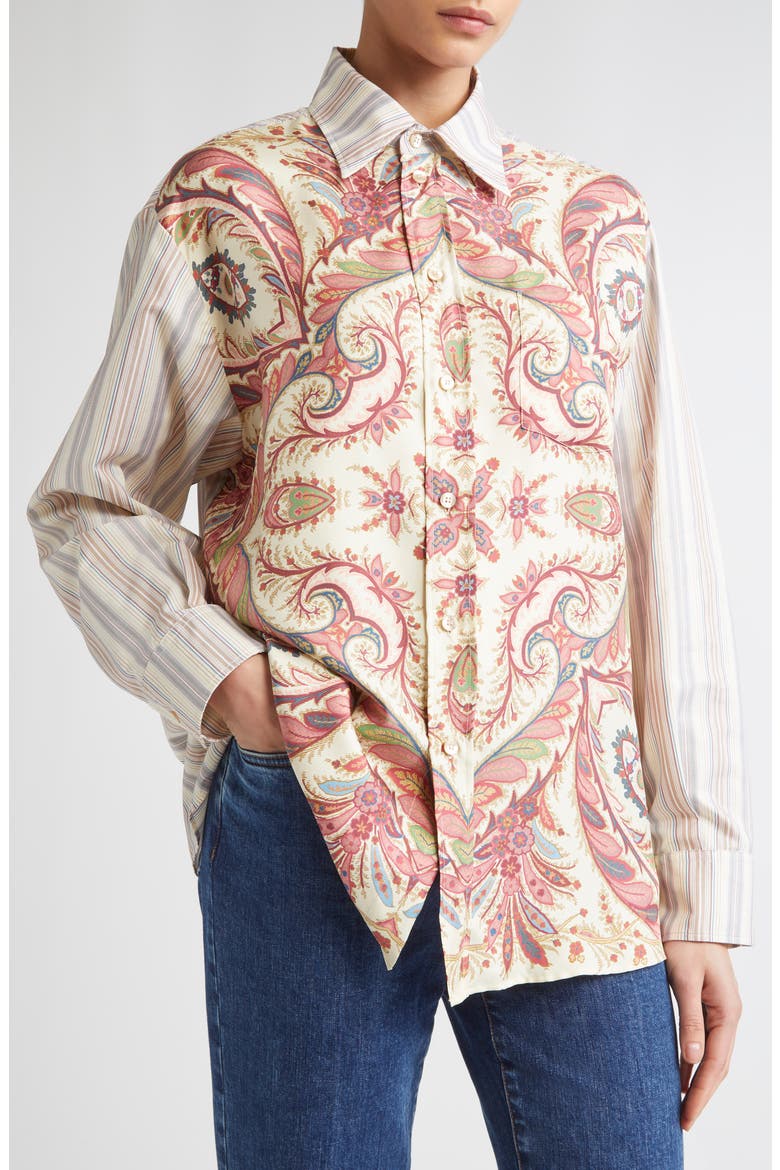 Paisley Stripe Silk Button-Up Shirt, Alternate, color, STAMPA F.DO BIANCO