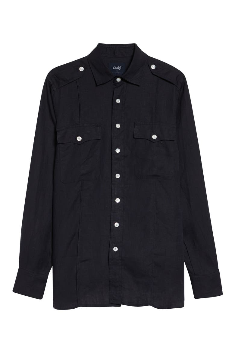 Pintuck Epaulet Linen Button-Up Shirt, Alternate, color, DARK NAVY