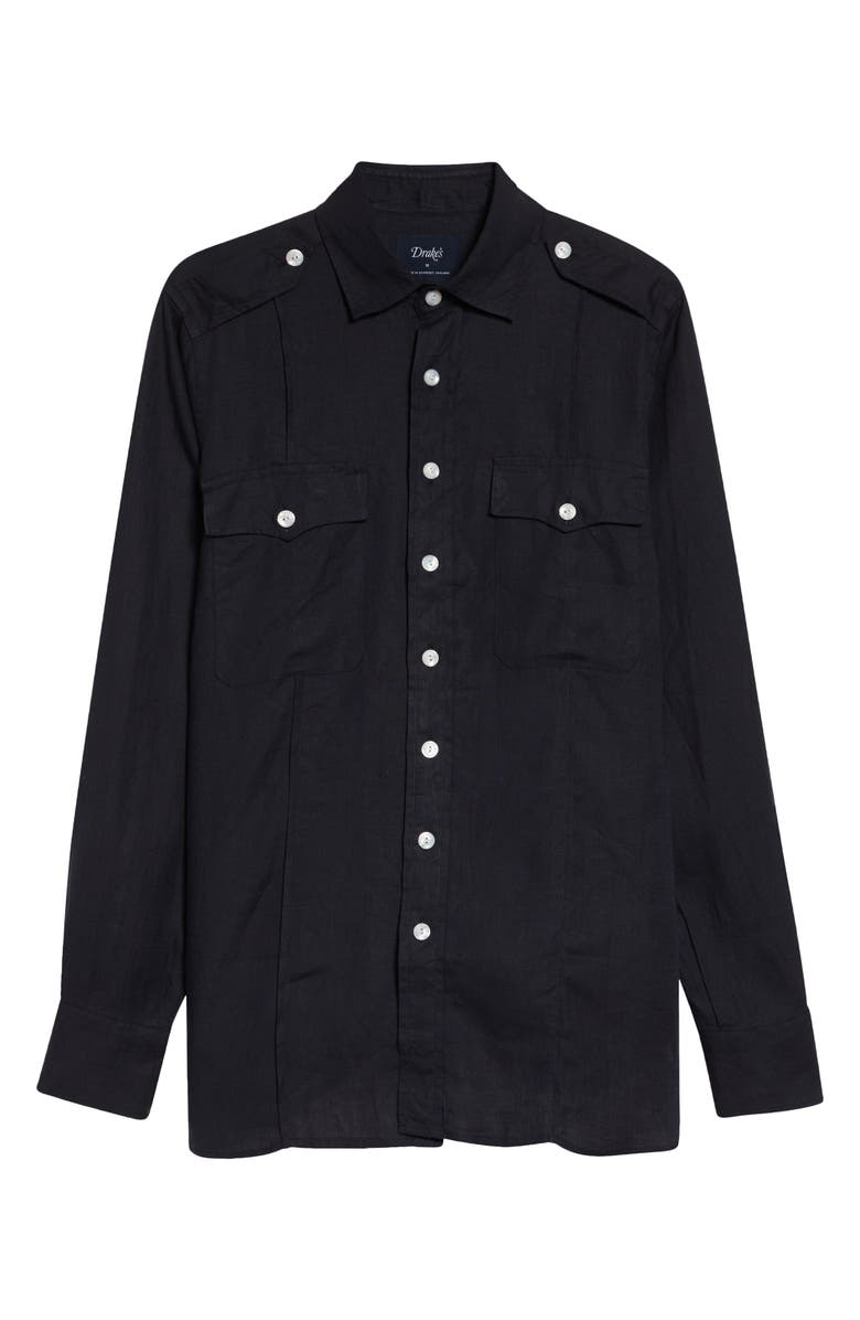 Drake's Pintuck Epaulet Linen Button-Up Shirt, Main, color, Dark Navy