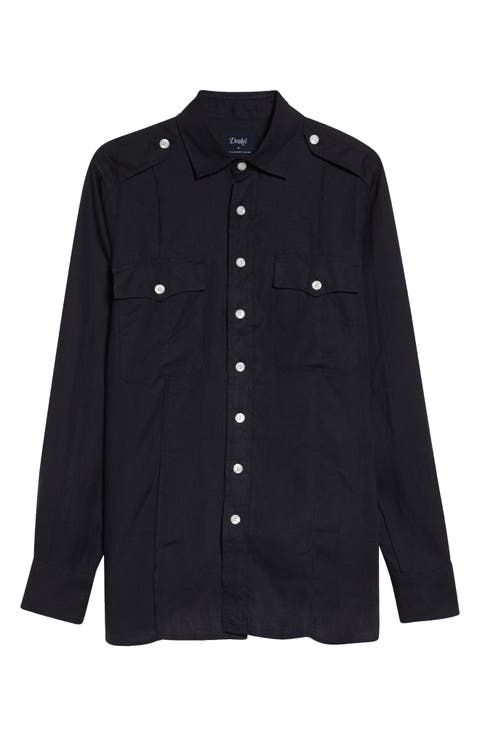 Pintuck Epaulet Linen Button-Up Shirt