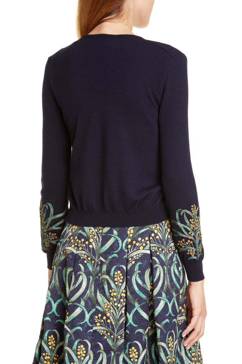 Mimosa Stems Embroidered Wool Cardigan, Alternate, color, NAVY