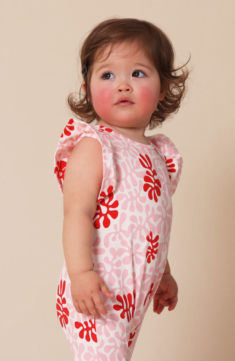 TINY TRIBE Coral Print Ruffle Shoulder Cotton Jersey Romper, Alternate, color, Pink
