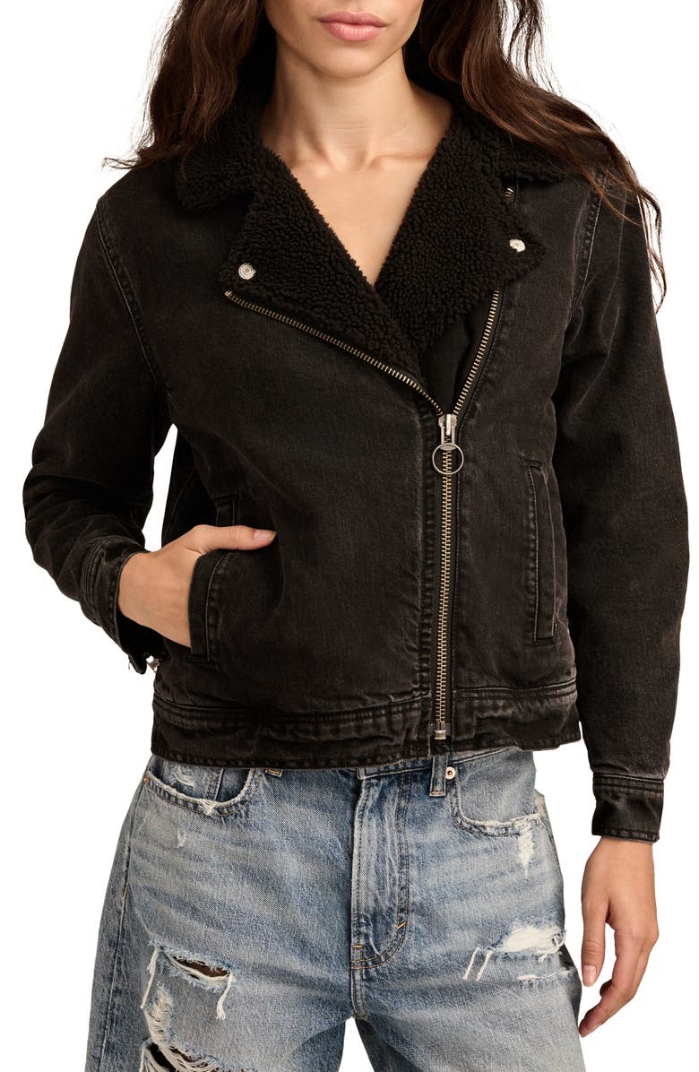 Lucky Brand Faux Shearling Lined Denim Moto Jacket, Main, color, 