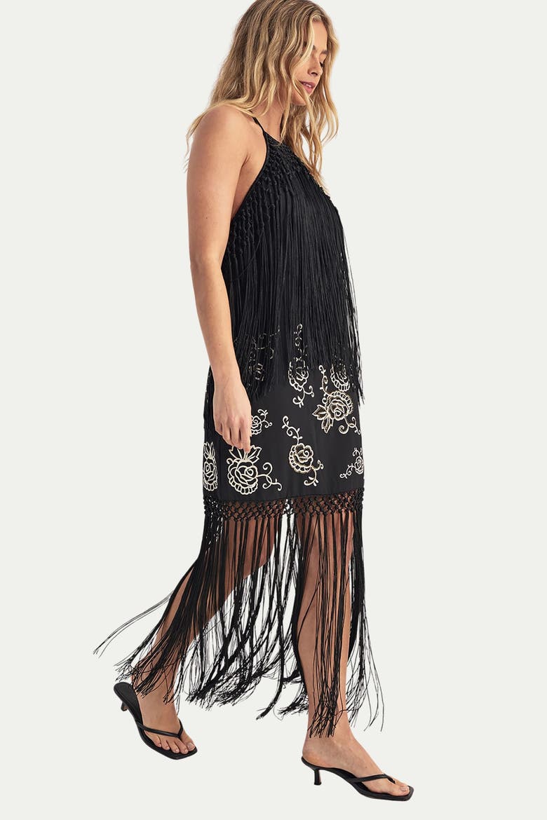 High Neck Tassel Mini Dress, Main, color, Black