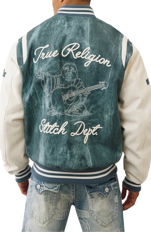 True Religion Men's Denim Print Retro Varsity Jacket In Blue