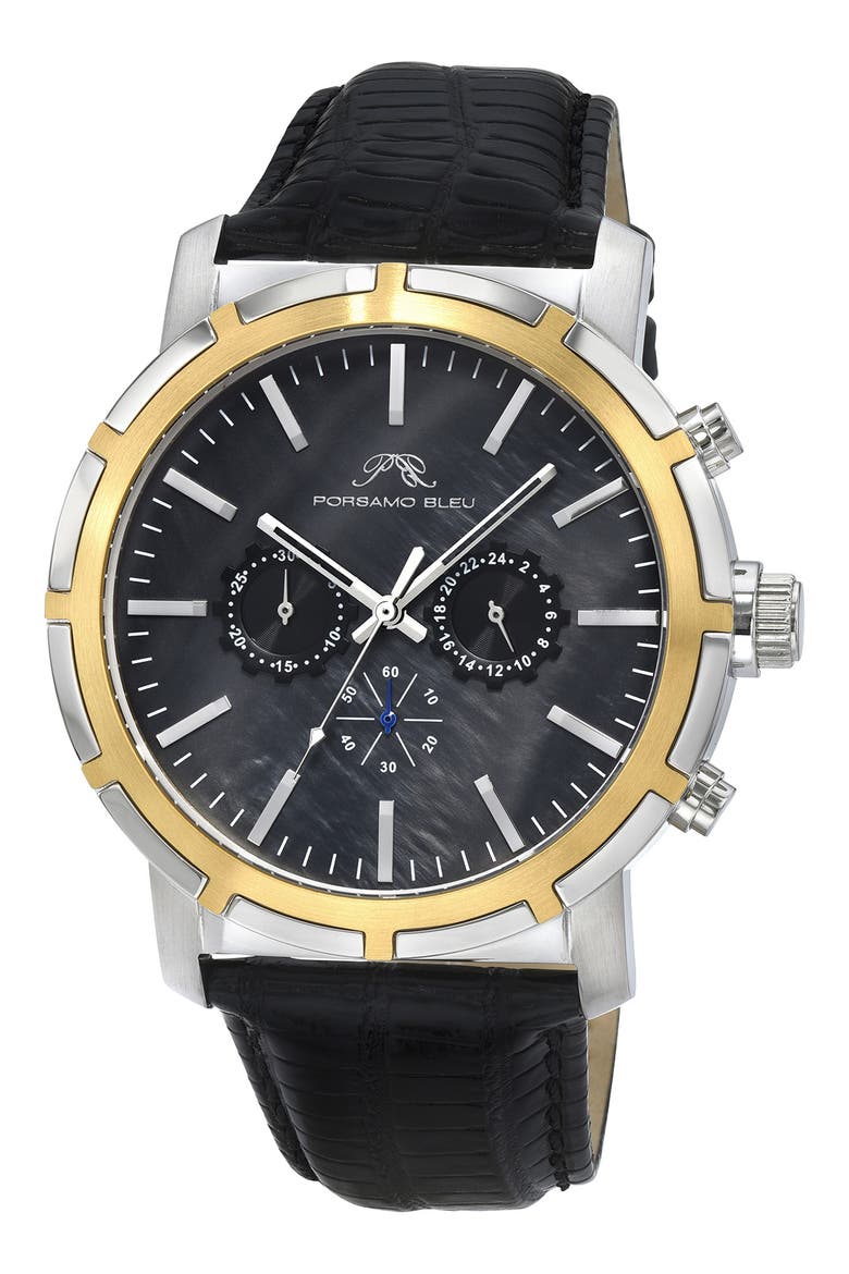 NYC Chronograph Embossed Leather Strap Watch, 47mm, Main, color, BLACK