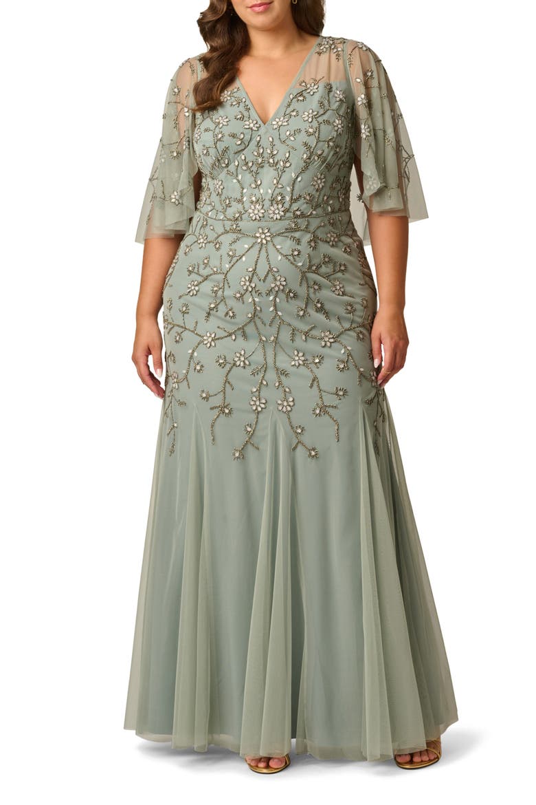 Beaded Mesh Cape Sleeve Gown, Main, color, SAGE