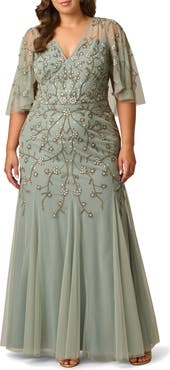Adrianna Papell Beaded Mesh Cape Sleeve Gown