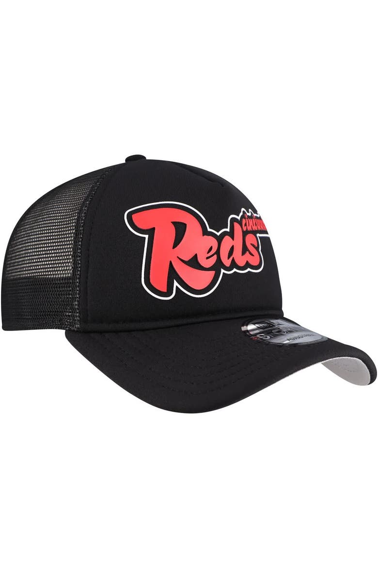 Men's New Era Black Cincinnati Reds Retro Bold A-Frame Trucker 9FORTY Adjustable Hat, Alternate, color, Black