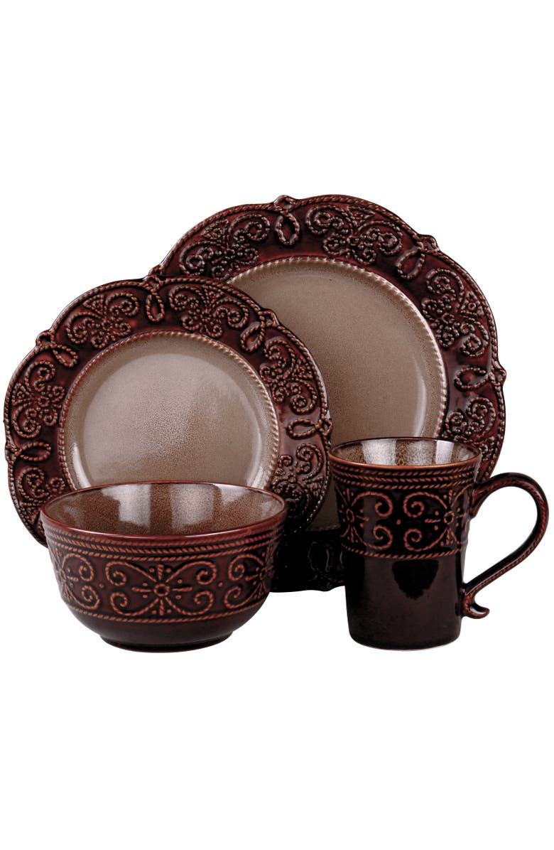 Elama Salia 16 Piece Stoneware Dinnerware Set, Alternate, color, Brown